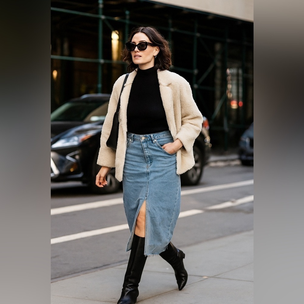 Casual Style Denim Midi Skirt Cross Front High Slit Light Wash Size Large Fall